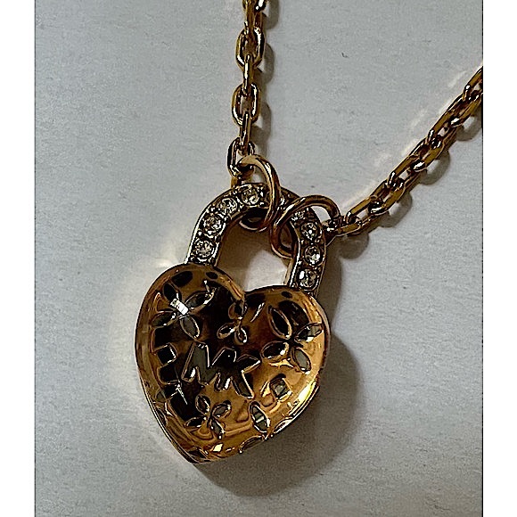 Michael Kors Logo Love Gold Tone Heart Lock Pendant Necklace - Picture 2 of 9